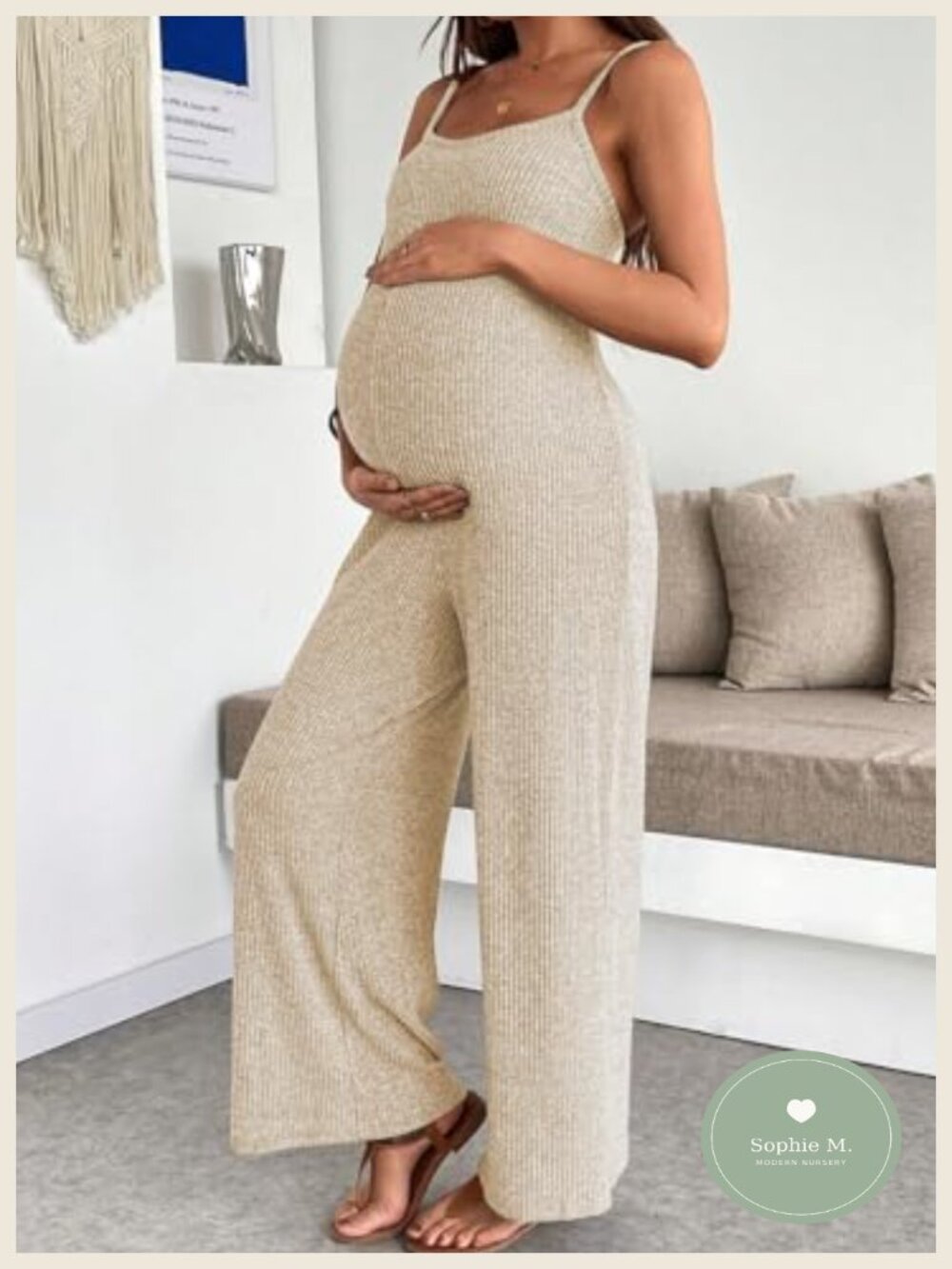Maternity Ribbed Jumpsuit Stretchy One Piece Wide Leg Romper Sleeveless - Picture 3 of 6
